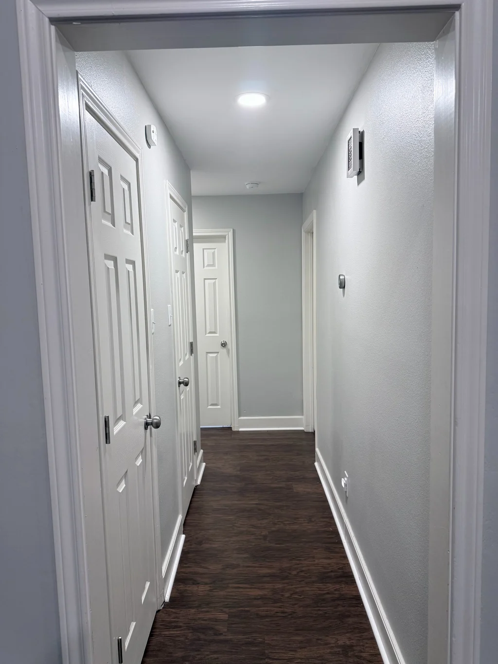 Hallway repainted gray with white doors and trim running to a dark wood floor